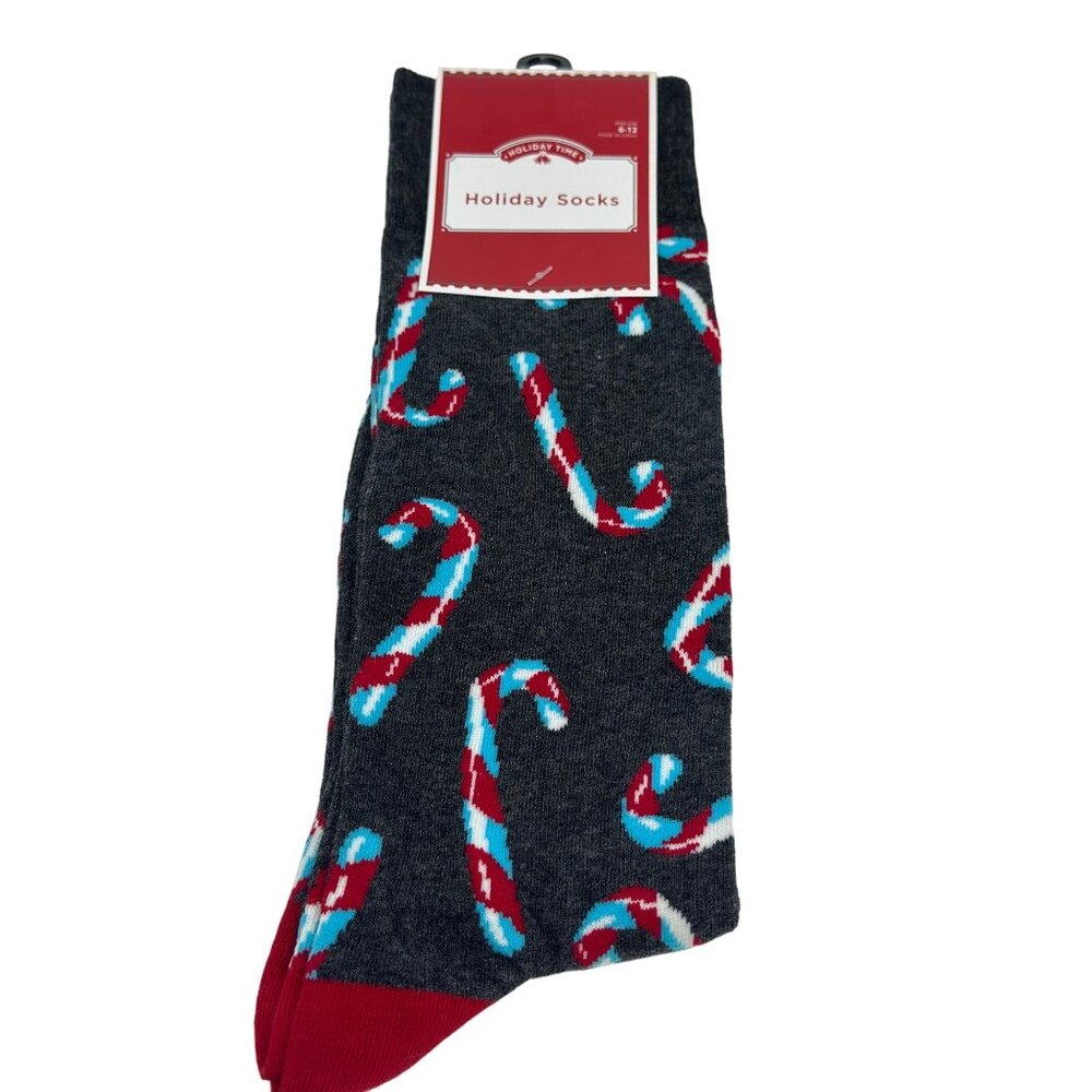 NEW Holiday Time Candy Cane Men's Crew Socks Gray Red Blue Size 6-12 NWT Walmart